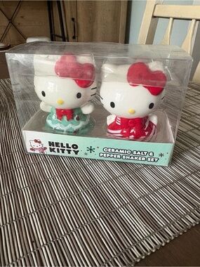 Hello Kitty Ceramic Salt & Pepper Shakers - White with Red and Green Accents